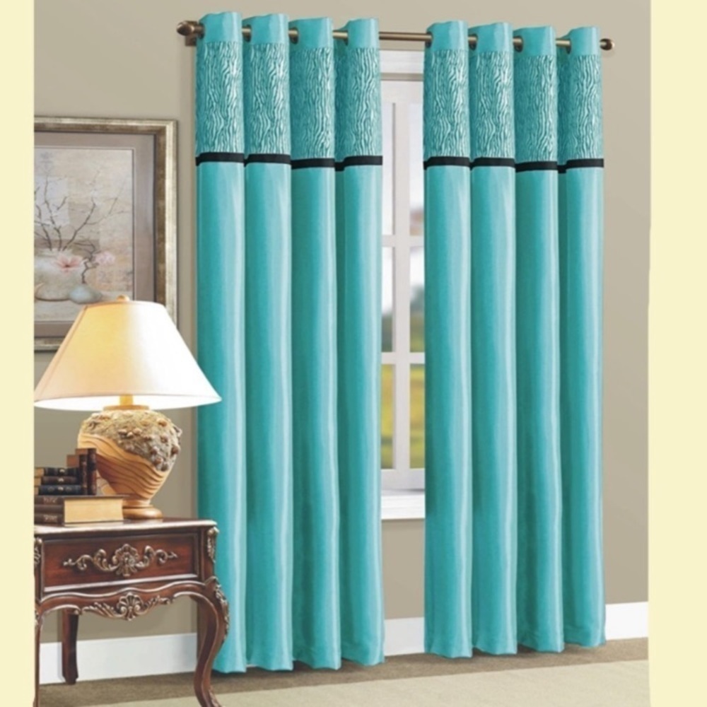 NWT One (1) Zebra Flocked Teal Grommet Top Curtain Fabric